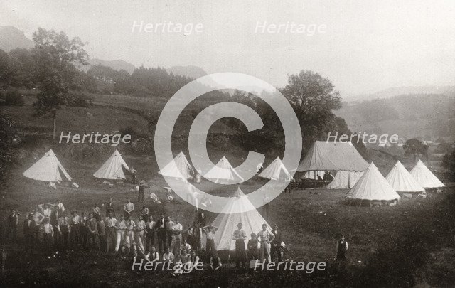 Rowntree boys assemble by their tents,  Coniston, Cumbria, summer 1913. Artist: Unknown