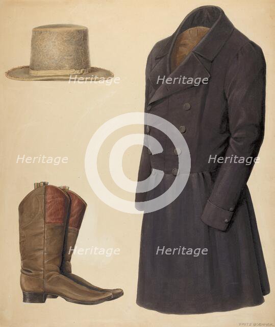 Zoar Man's Hat, Boots and Coat, c. 1937. Creator: Fritz Boehmer.