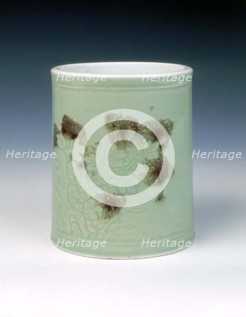 Celadon brushpot with underglaze red floral decoration, Qing dynasty, China, 1662-1722. Artist: Unknown