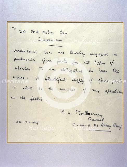 A letter from General Montgomery to Henry Ford, 1944. Artist: General Montgomery