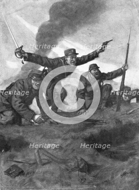 'En Champagne; Le 16 Fevrier 1915, nos troupes sortent des tranchees', 1915. Creator: Lucien Jonas.