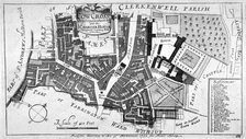 Map of Charterhouse and Cow Cross showing adjoining parishes and wards, London, 1755.                Artist: Anon