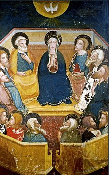 Virgin with the apostles' detail of the paintings by Ferrer Bassa, frescoes preserved in the chap…