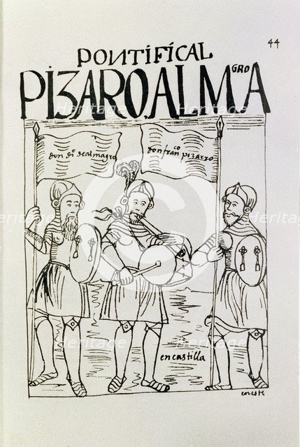 Francisco Pizarro and Diego de Almagro with a flageolet player of Castile, illustration from the …