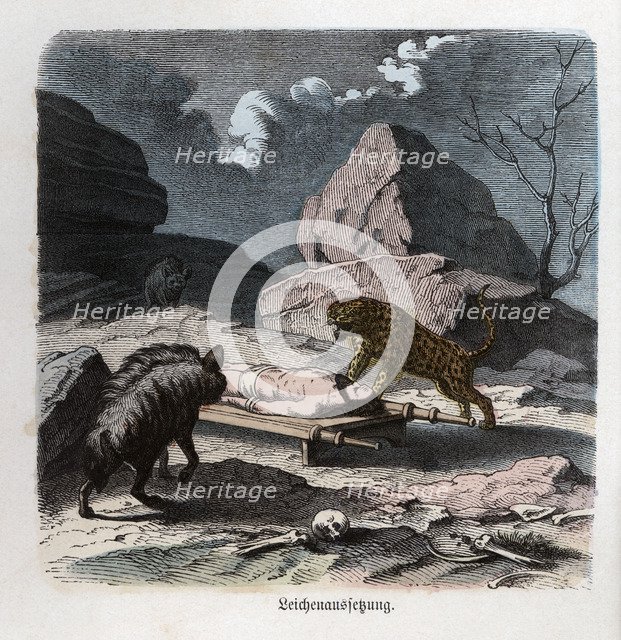 Ancient History. Persia. Abandonment of a corpse to the beasts. German engraving, 1865.