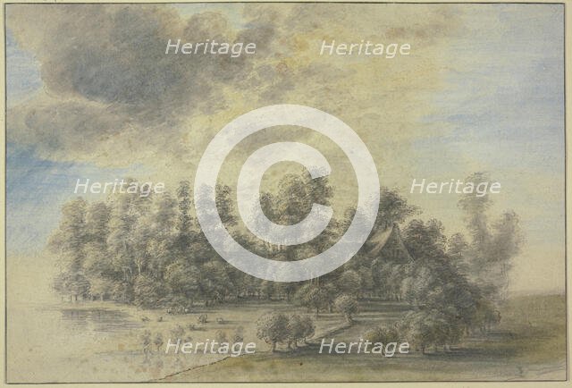 House standing in a group of trees, some cattle grazing by water to the left. Creator: Lucas van Uden.