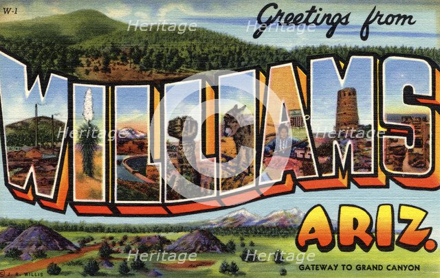 'Greetings from Williams, Arizona, Gateway to the Grand Canyon', postcard, 1940. Artist: Unknown