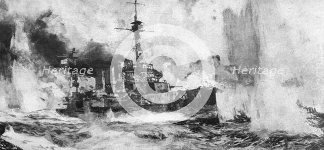 'La bataille navale du Jutland; Au fort du combat: le croiseur anglais Warrior... 1916 (1924) Creator: Charles Dixon.