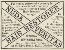 Nuda veritas hair restorer, 1893. Artist: Unknown