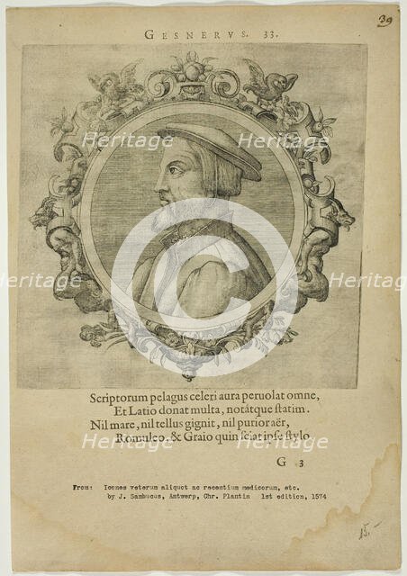Portrait of Gesnerus, published 1574. Creators: Unknown, Johannes Sambucus.
