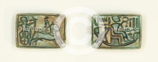 Plaque: King in Chariot Shoots Enemy/King Seated in the Barque of Amun, Egypt, New Kingdom... Creator: Unknown.