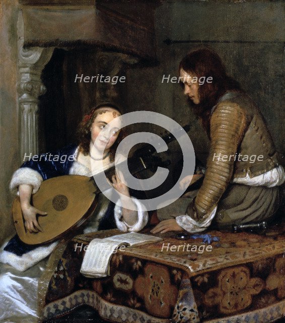 'A Woman Playing the Theorbo-Lute and a Cavalier', c1658. Artist: Gerard Terborch II