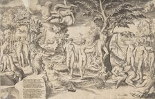 Cupid in the Elysian Fields tied to a tree in the centre, surrounded my many figures, 1563. Creator: Giulio Bonasone.