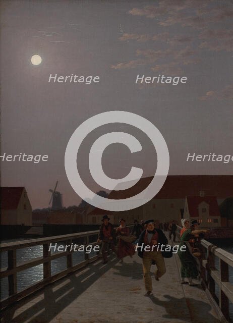 Langebro, Copenhagen, in the Moonlight with Running Figures, 1836. Creator: CW Eckersberg.