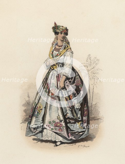 Mulatto woman from Martinique island, Color engraving 1870.