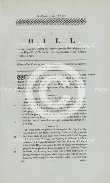 A bill for carrying into effect the treaty between Her Majesty and the Republic of Texas..., 1843. Creator: Unknown.