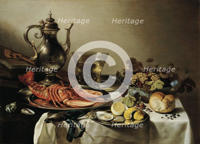 Table with lobster, silver jug, big Berkemeyer, fruit bowl, violin and books, 1641. Artist: Claesz, Pieter (c. 1597-1660)