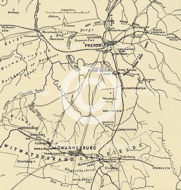 'Map Showing District Between Johannesburg and Pretoria, and the Position of the British Forces Roun Creator: Unknown.