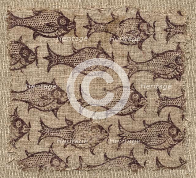 Fragment of a wood-block print on linen, 1200s - 1300s. Creator: Unknown.