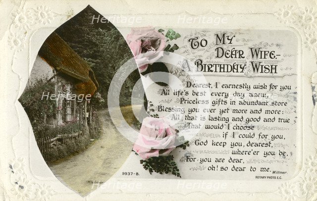 Birthday postcard from a husband to his wife, c1918. Artist: Unknown