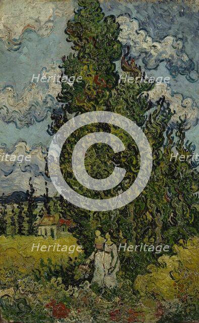 Cypresses and Two Women, 1890. Creator: Gogh, Vincent, van (1853-1890).
