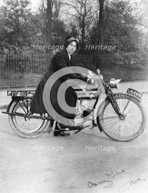 A woman on a Douglas motorbike, 1914. Artist: Unknown