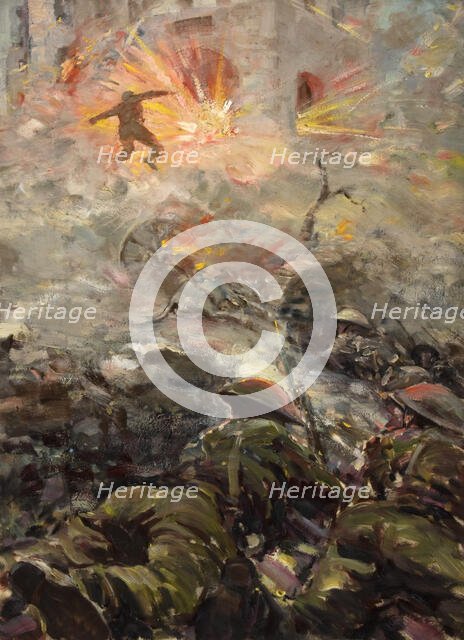 British soldiers throwing grenades at pill-box fortification, between 1939 and 1946. Creators: Unknown, Central Office of Information.