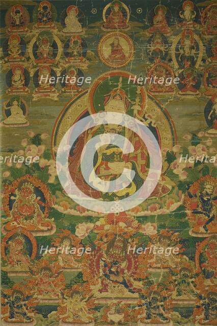 Painted Banner (Thangka) of Sage Guru Padmasambhava Seated Holding a..., 18th century. Creator: Unknown.