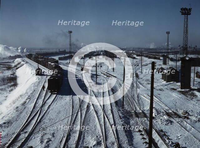 Belt Railway, looking toward the west yard of clearing yard, from bridge of hump, Chicago, Ill, 1943 Creator: Jack Delano.