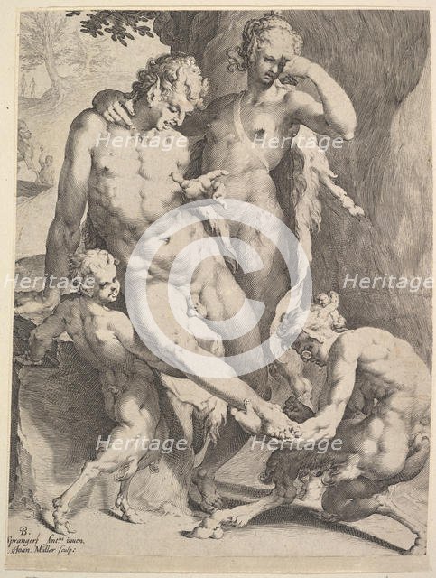 Oreads Removing a Thorn from a Satyr's Foot, 1590. Creators: Bartholomeus Spranger, Jan Muller.