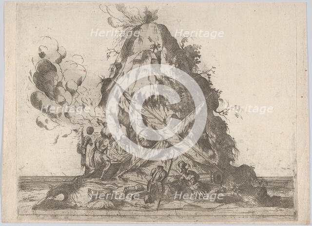 Volcano at center with blacksmiths working at left and armor on the ground around ..., 16th century. Creator: Anon.
