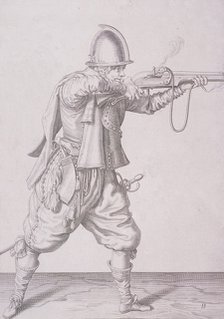 Figure in military clothing firing a musket and wearing a sword, 1607. Artist: Anon