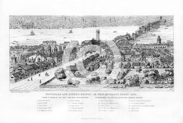 'Southwark and London Bridge as they appeared about 1546', c1860.Artist: N Whittock