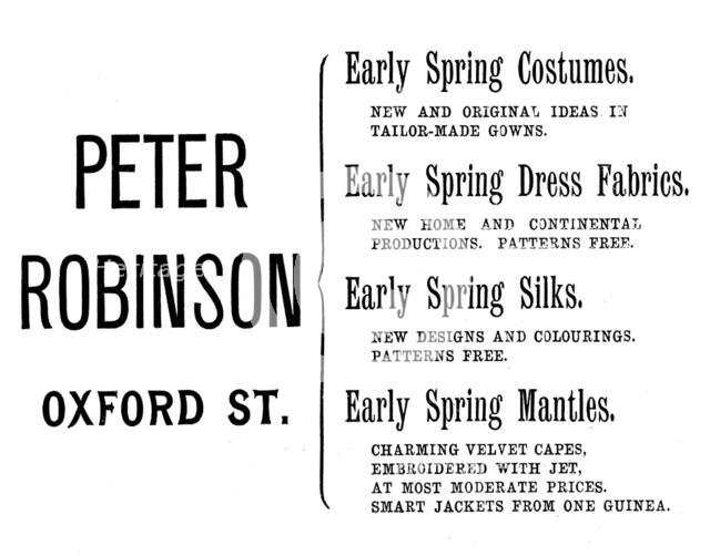 Advertisement for Peter Robinson, 1895. Creator: Unknown.