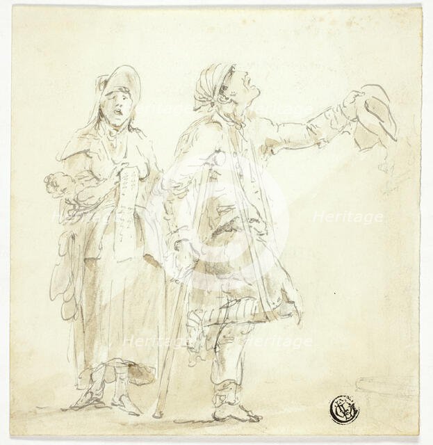 Man on Crutches Begging, with Woman Singing and Holding Baby, n.d. Creator: Unknown.