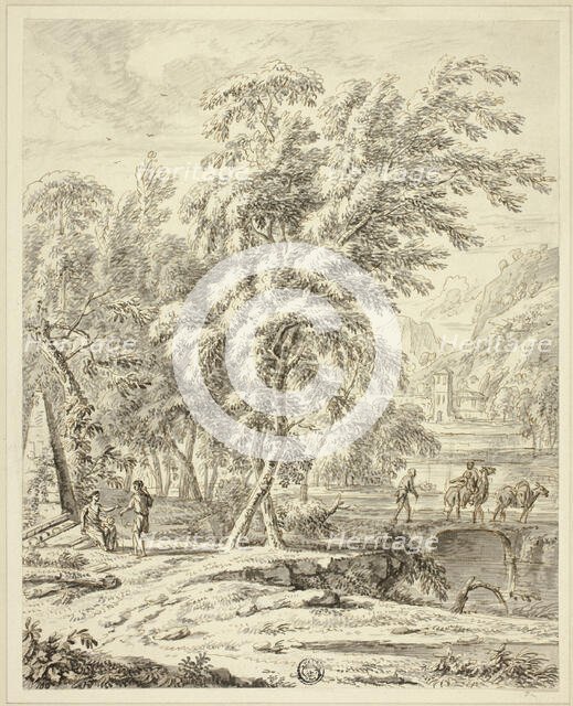 Italianate Landscape with Figures Crossing Bridge, n.d. Creators: Heinrich Meyeringh, Francesco Zuccarelli, Abraham Genoels II.