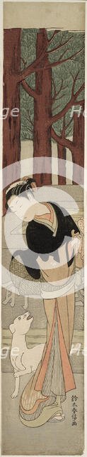 Beauty and a White Dog at a Shrine, c. 1769. Creator: Suzuki Harunobu.