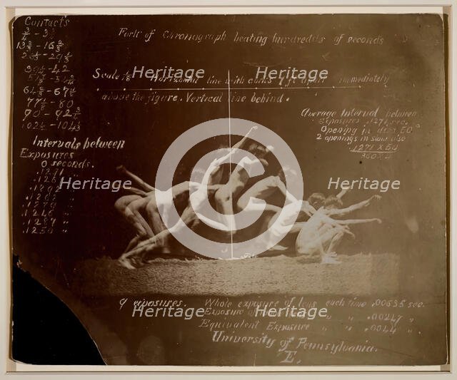 Marey Wheel Photographs of Unidentified Model, with Eadweard Muybridge Notations, 1884. Creator: Thomas Eakins.