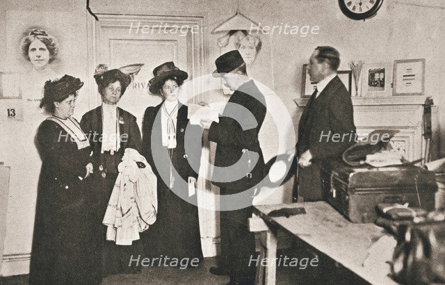 Arrest of leading suffragettes, London, 13 October 1908. Artist: Unknown