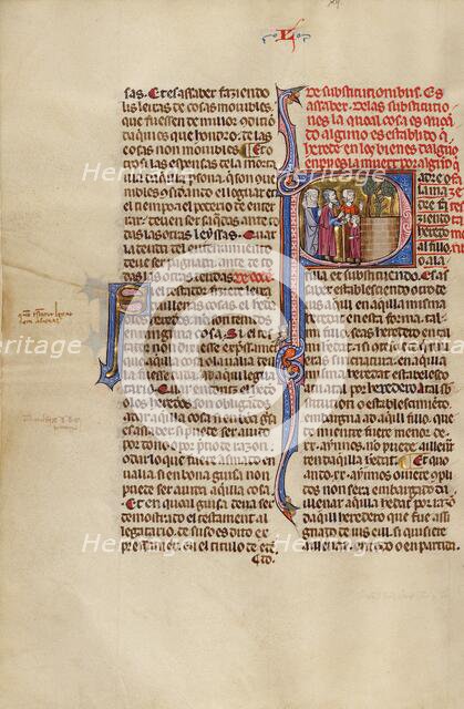 Initial P: An Older Man Meeting a Couple and a Child; Vidal Mayor, about 1290-1310. Creator: Unknown.