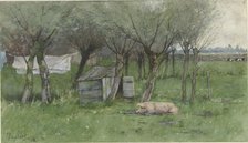 Farmyard with lying pig, 1882. Creator: Nicolaas Bastert.