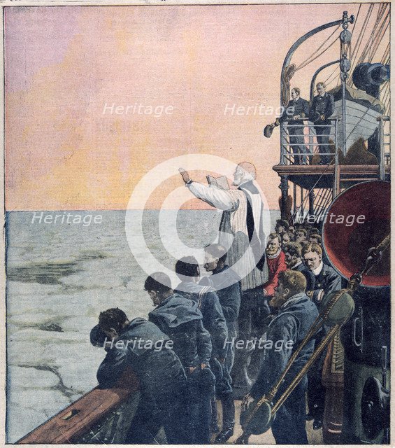 Prayers at the scene of the sinking of the Titanic, 1912. Artist: Unknown