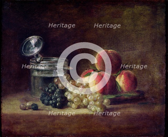 Still Life with a Basket of Peaches, White and Black Grapes, Cooler and Wineglass. Artist: Chardin, Jean-Baptiste Siméon (1699-1779)
