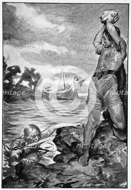 'Thorbion lifted the huge stone', 1910.  Artist: John Henry Frederick Bacon