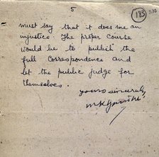 Final page of a letter from Gandhi to Sir Richard Tottenham, 1943. Creator: Mohandas Gandhi.
