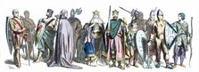 Normans and Saxons personages of the 10th century, German engraving 1860.