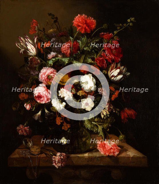 Flower Still Life with a Timepiece, c1640-1690. Creator: Abraham van Beyeren.