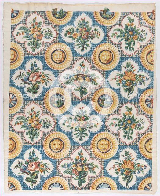 Sheet with pattern of bouquets and lion heads, late 18th-mid-19th ce..., late 18th-mid-19th century. Creator: Anon.