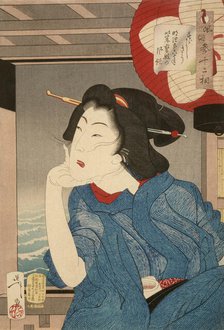 Cool: A Geisha of the Mid-1870s Seated in a Boat, 1888. Creator: Tsukioka Yoshitoshi.