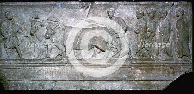 Roman relief showing the ritual plowing of the boundaries of a new city. Artist: Unknown